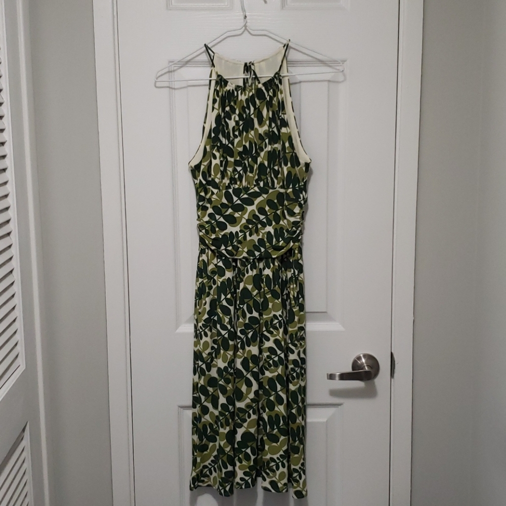 Leaf print halterneck midi dress
